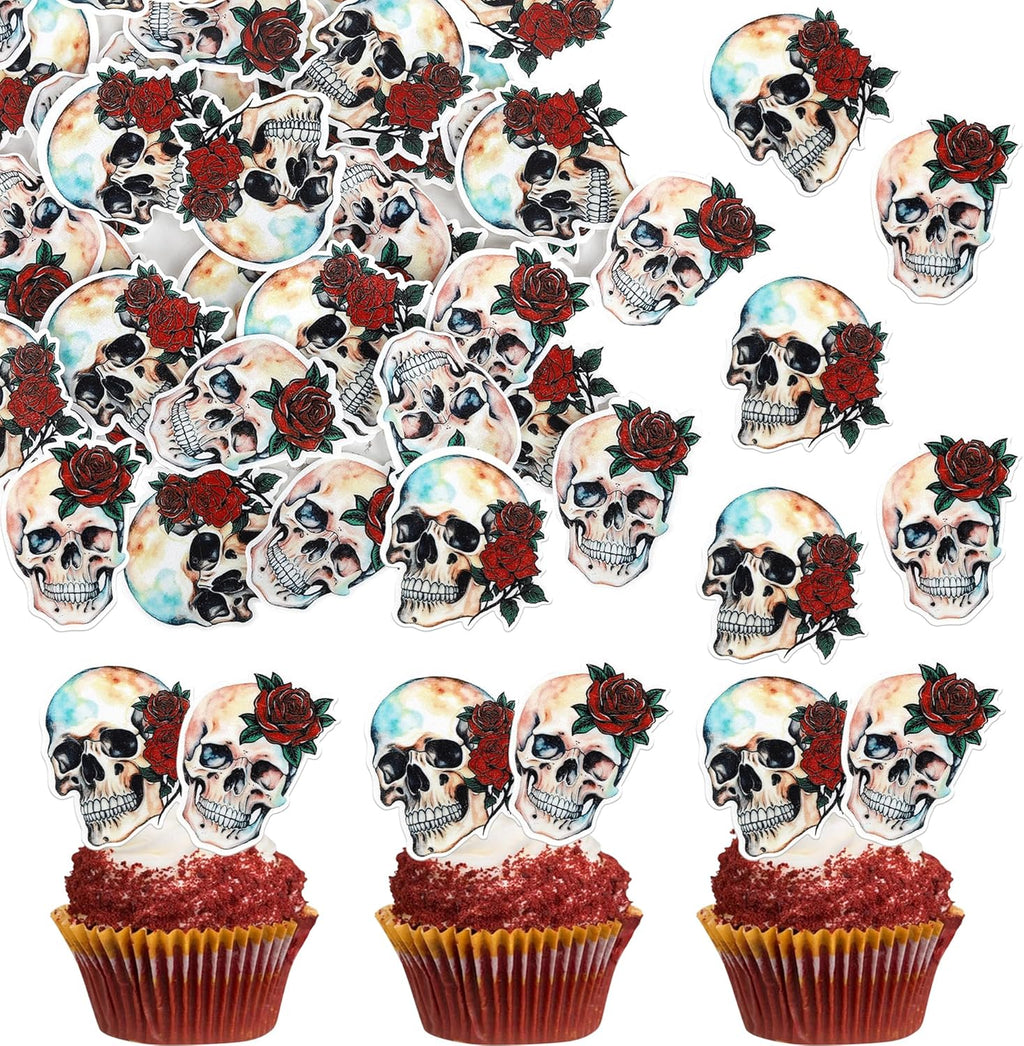 40 Pack Edible Halloween Skull Cupcake Toppers Wafer Paper Skull Cake Decorations for Horror Theme Baby Shower Birthday Halloween Party Cake Decorations
