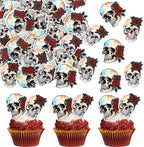 40 Pack Edible Halloween Skull Cupcake Toppers Wafer Paper Skull Cake Decorations for Horror Theme Baby Shower Birthday Halloween Party Cake Decorations