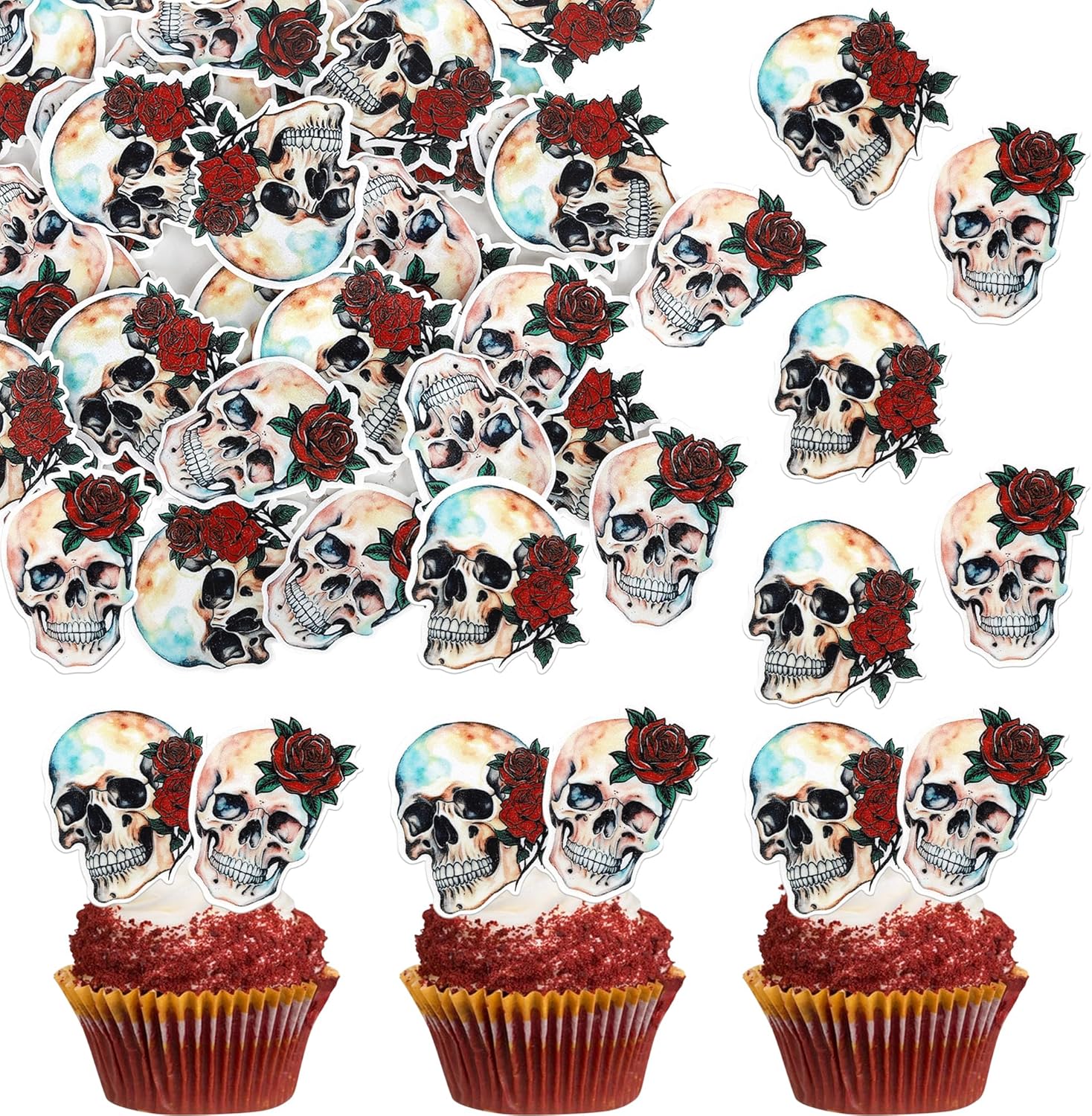 40 Pack Edible Halloween Skull Cupcake Toppers Wafer Paper Skull Cake Decorations for Horror Theme Baby Shower Birthday Halloween Party Cake Decorations
