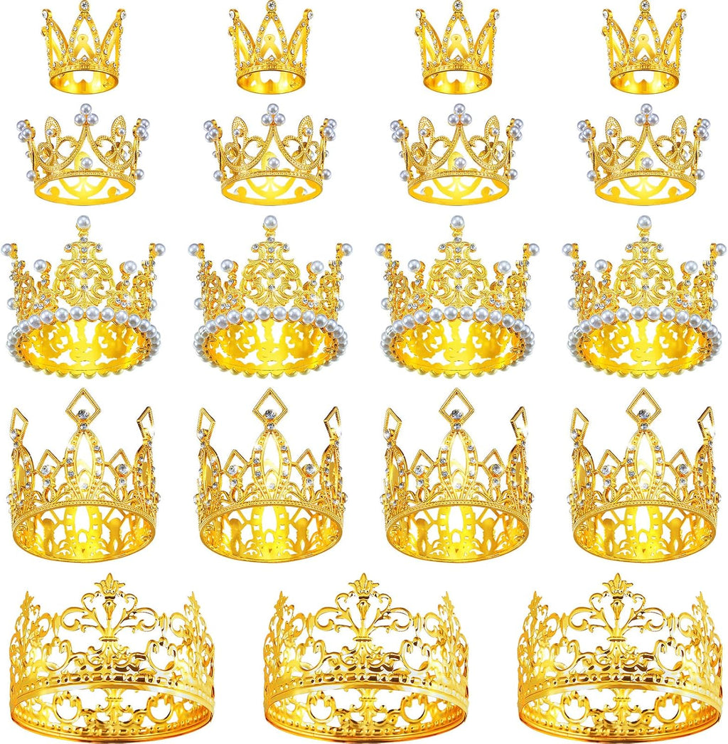 Landhoow 20 Pcs Crown Cake Topper Birthday Mini Crown Pearl Crystal Tiara Small Metal Queen Princess Cake Decorations for Wedding Birthday Baby Shower Party, 5 Styles(Gold)
