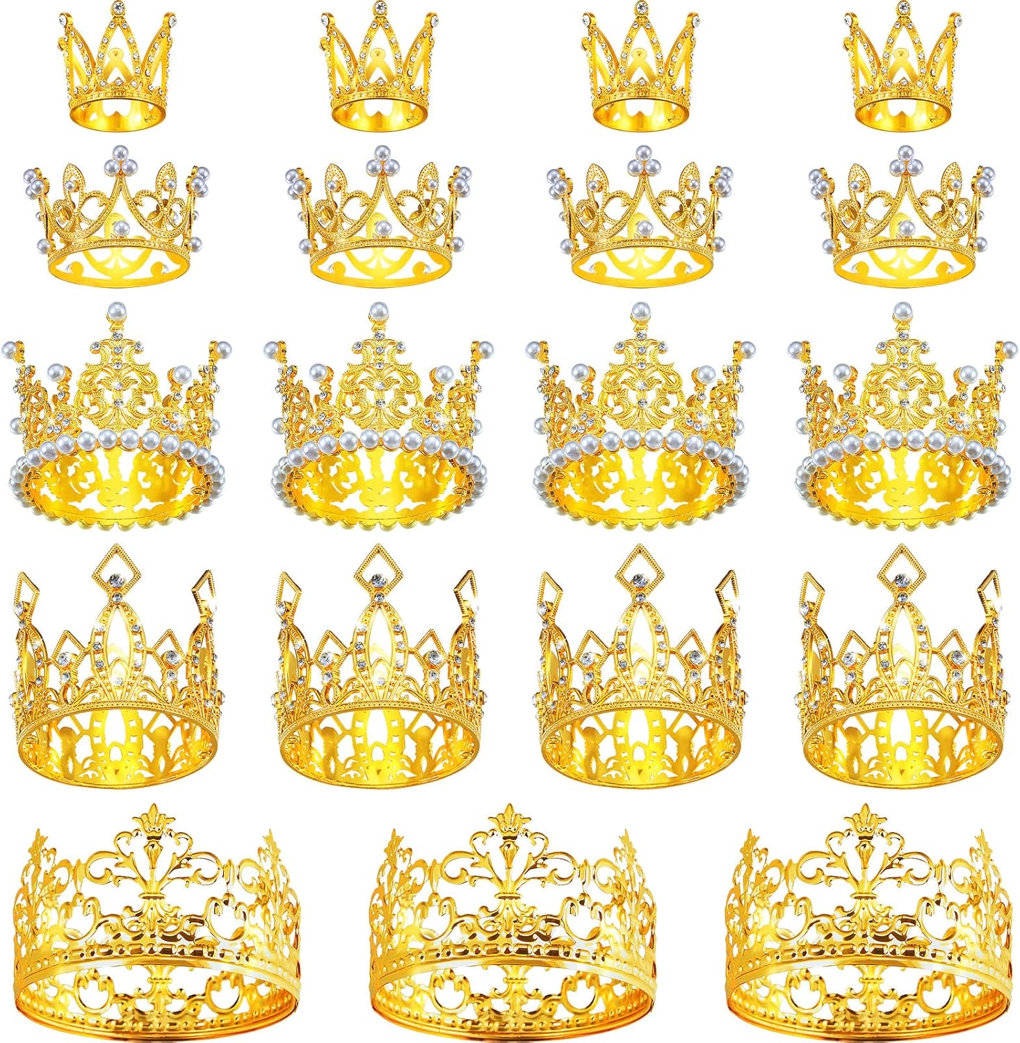 Landhoow 20 Pcs Crown Cake Topper Birthday Mini Crown Pearl Crystal Tiara Small Metal Queen Princess Cake Decorations for Wedding Birthday Baby Shower Party, 5 Styles(Gold)