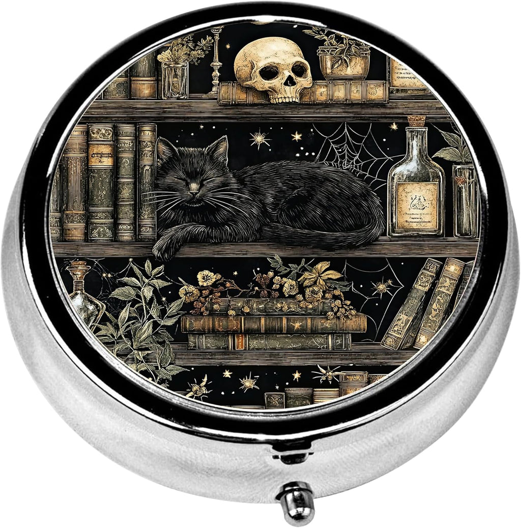 Pill Box, 3 Compartments Small Skull Pill Case Travel Portable Metal Medicine Box with Mirror Mini Container for Purse Pocket Women Men(Bookshelf Cat)