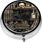 Pill Box, 3 Compartments Small Skull Pill Case Travel Portable Metal Medicine Box with Mirror Mini Container for Purse Pocket Women Men(Bookshelf Cat)