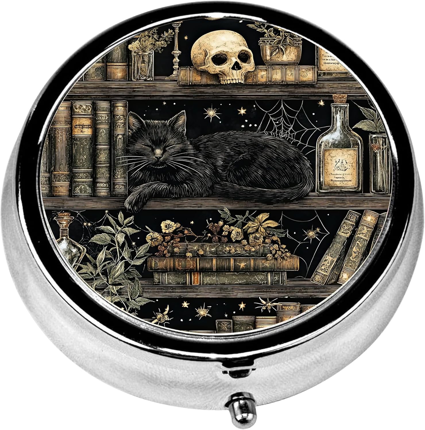 Pill Box, 3 Compartments Small Skull Pill Case Travel Portable Metal Medicine Box with Mirror Mini Container for Purse Pocket Women Men(Bookshelf Cat)