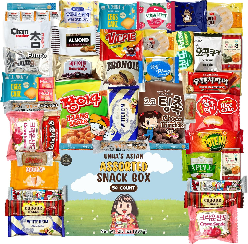 UNHA'S ASIAN - Korean Snack Box Variety Pack Care Package 50 Count Treats International Sanck Gift Set, kids Adult Grandkids Birthday Office School Office Cookies Chips Snacks