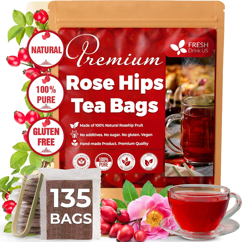 FreshDrinkUS, Premium 135 Rosehip Tea Bags, 100% Natural & Pure from Rose Hip Fruits. Loose Rosehip Herbal Tea. Made with Natural Material Tea Bags. No Sugar, No Caffeine, No Gluten, Vegan.