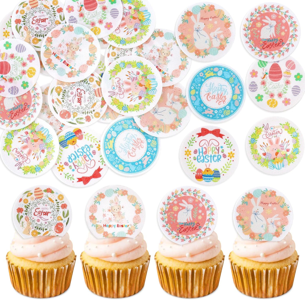 56 Pcs Easter Edible Cupcake Toppers with Bunny Egg Decorations for Birthday, Rabbit Theme Party and Baby Shower Party (Easter Bunny Round)