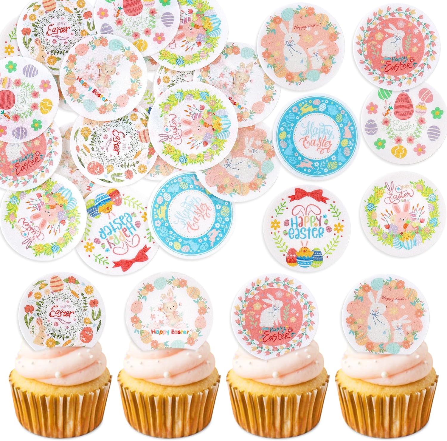 56 Pcs Easter Edible Cupcake Toppers with Bunny Egg Decorations for Birthday, Rabbit Theme Party and Baby Shower Party (Easter Bunny Round)