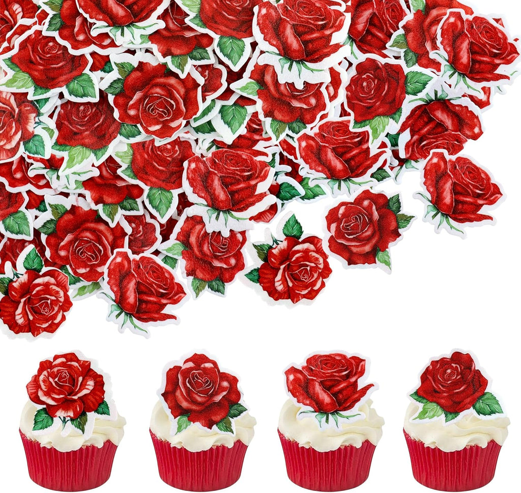 40 PCS Edible rose Cupcake Toppers Wafer Paper Red Rose Flower Cupcake Picks Rose Drink Topper Wedding Engagement Themed Party Valentine's Day Birthday Party Cake Decoration