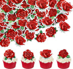 40 PCS Edible rose Cupcake Toppers Wafer Paper Red Rose Flower Cupcake Picks Rose Drink Topper Wedding Engagement Themed Party Valentine's Day Birthday Party Cake Decoration
