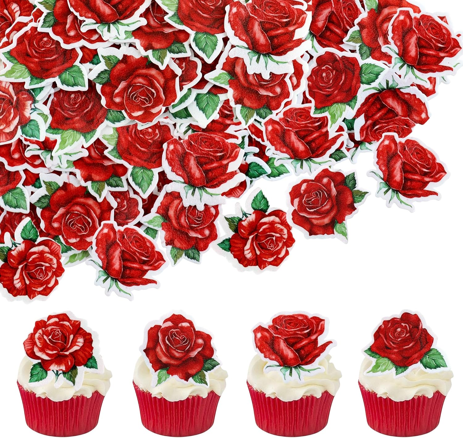 40 PCS Edible rose Cupcake Toppers Wafer Paper Red Rose Flower Cupcake Picks Rose Drink Topper Wedding Engagement Themed Party Valentine's Day Birthday Party Cake Decoration