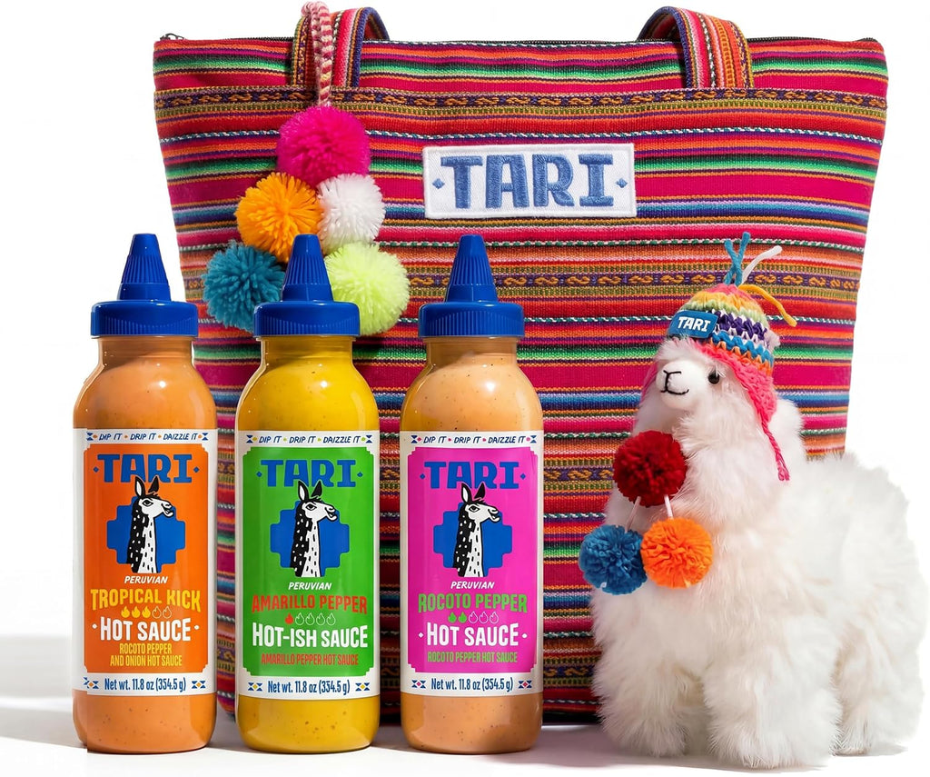 Tari Hot Sauce Llama Pack - Hot Sauce Variety Pack with Aji Rocoto, Aji Amarillo, Tropical Kick 11.8oz each - Comes with Gift Tote Bag & Llama Toy