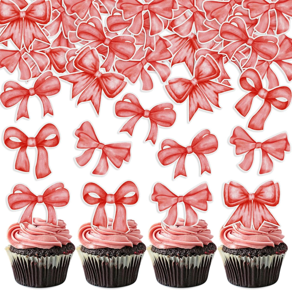 40pcs Edible Red Bowknot Cupcake Toppers Wafer Paper Bowknot Cake Dessert Picks Baby Shower Princess Cupcake Toppers for Birthday Party Decoration Supplies