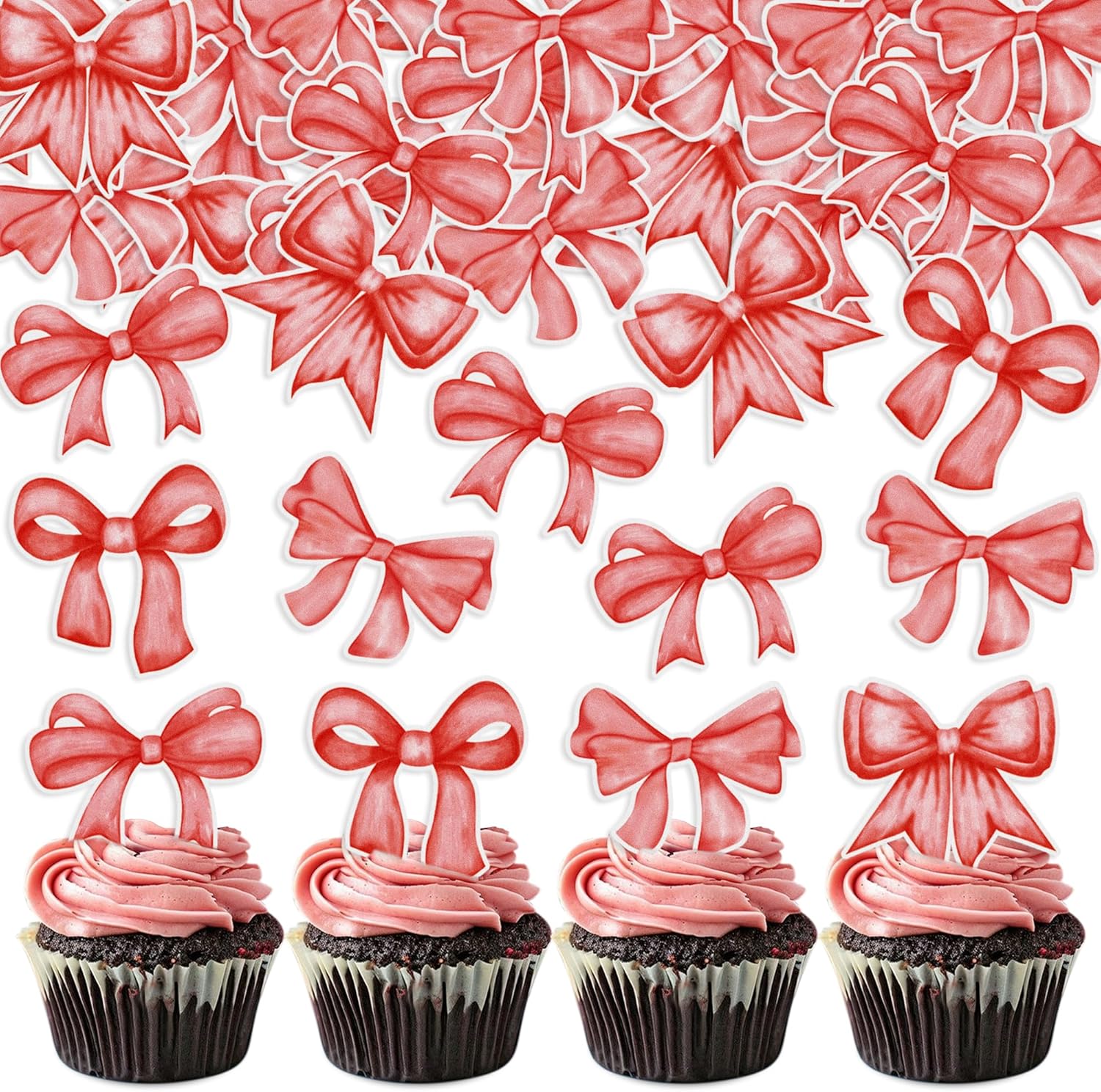40pcs Edible Red Bowknot Cupcake Toppers Wafer Paper Bowknot Cake Dessert Picks Baby Shower Princess Cupcake Toppers for Birthday Party Decoration Supplies