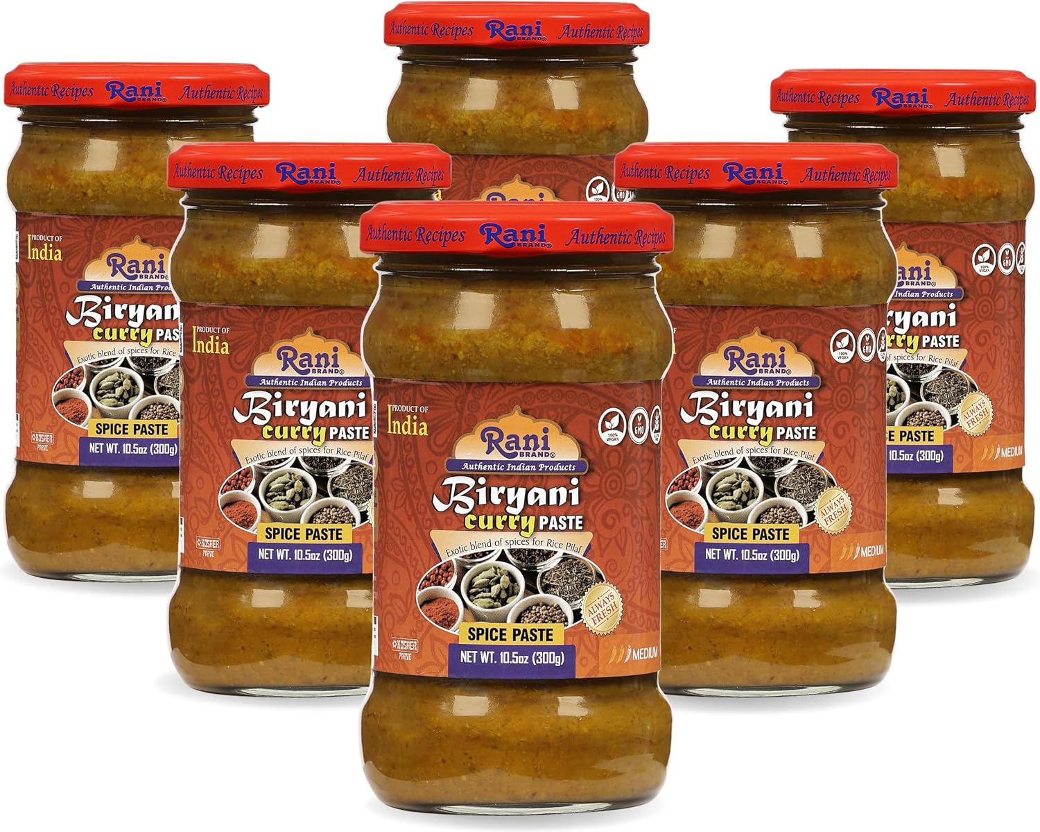Rani Biryani Masala Curry Paste (Cooking Spice Paste for Indian Rice Dishes, Pullao/Pilau) 10.5oz (300g) Glass Jar, Pack of 5+1 FREE ~ All Natural | Vegan | No Colors | Gluten Free | NON-GMO