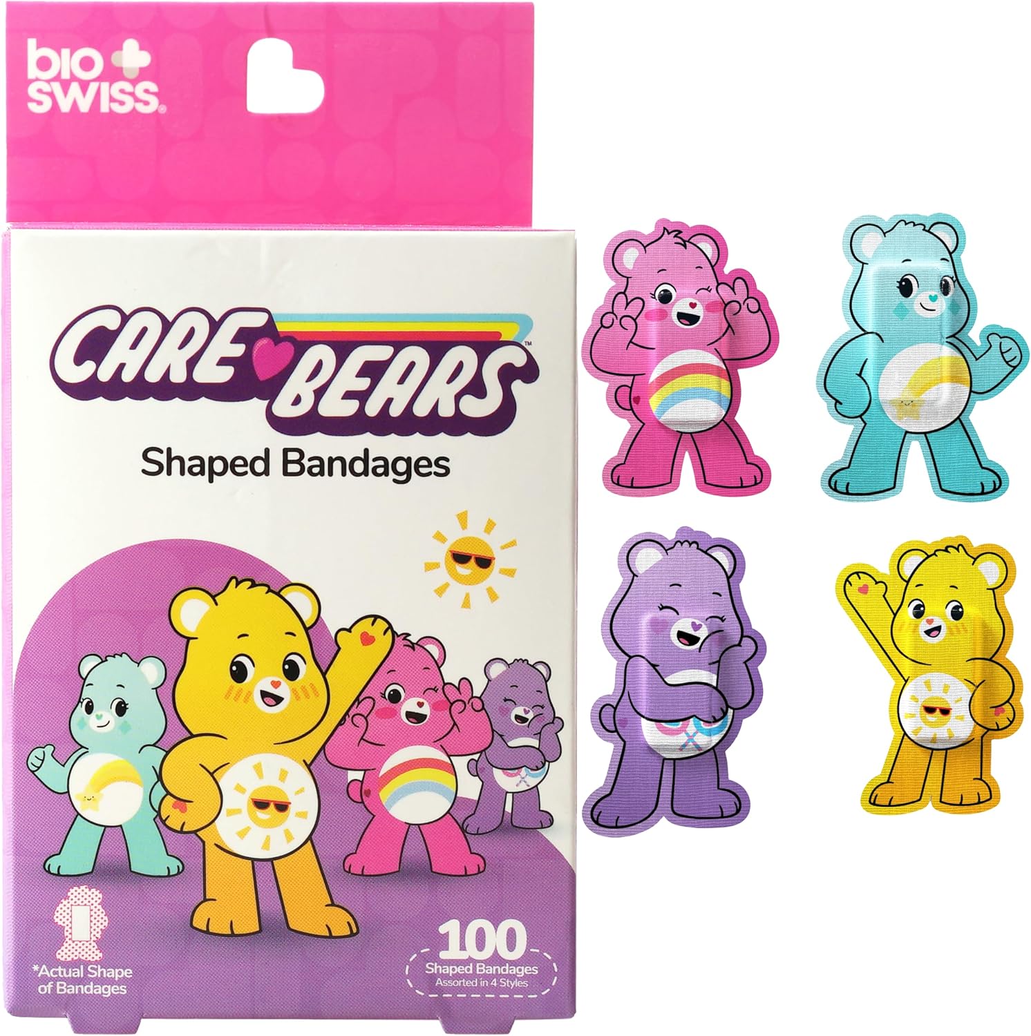 BioSwiss Care Bears Bandages, Unlock The Magic Care Bear Shaped Self Adhesive Bandage Set, Latex Free, Sterile Wound Care, 100 Count