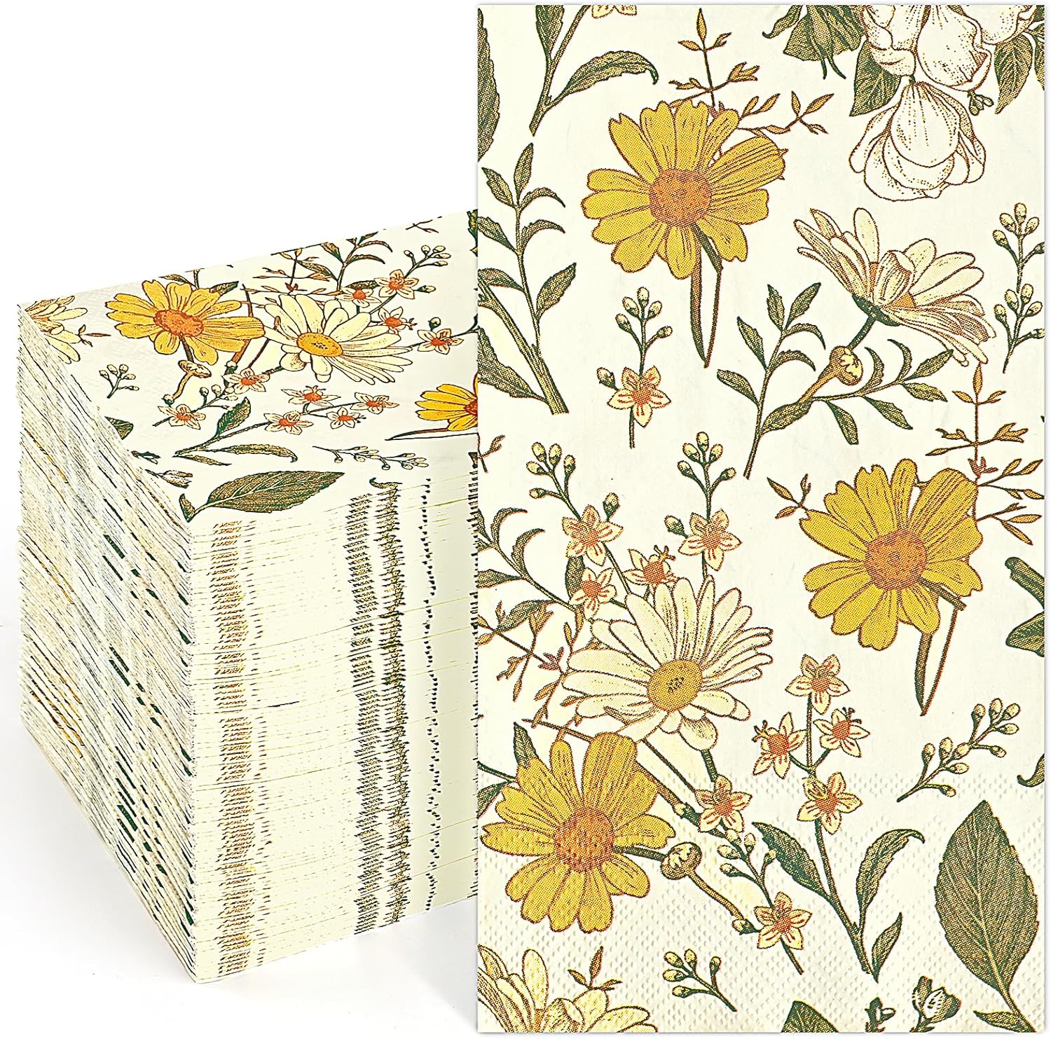 Homlouue Daisy Floral Napkins, 100PCS 3-Ply Disposable Hand Towels for Bathroom Guest, Floral Paper Napkins Decorative for Spring Summer Fall Party