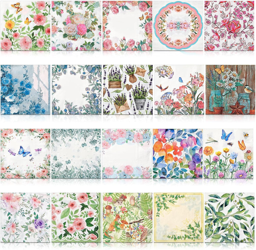 Crtiin 20 Pack Decoupage Napkins Floral Napkins Flower Cocktail Paper Decorative Toilet for Valentine's Day Birthday Party Beautiful Gorgeous, 20 Styles Each 6.5 Inches(Style 6)