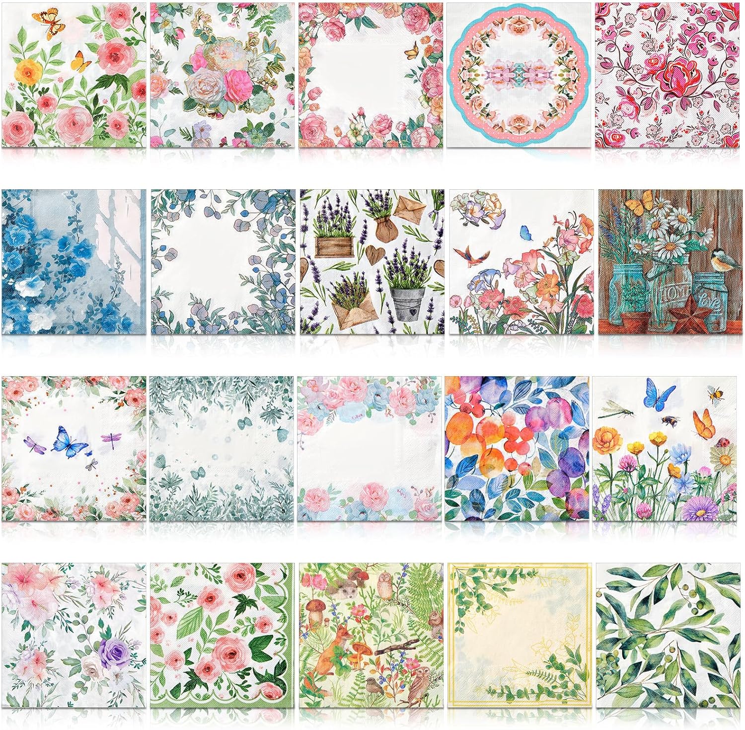 Crtiin 20 Pack Decoupage Napkins Floral Napkins Flower Cocktail Paper Decorative Toilet for Valentine's Day Birthday Party Beautiful Gorgeous, 20 Styles Each 6.5 Inches(Style 6)