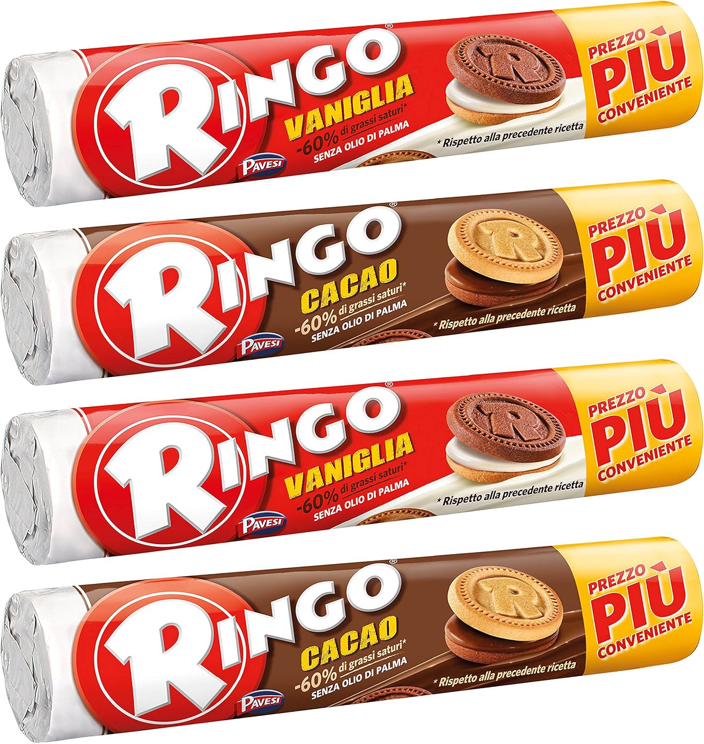Pavesi Ringo Sandwich Cookies Filled with Chocolate Cream and with Vanilla Cream - 5.82 Ounces (165g) Tubes (Pack of 2 for Each Cream Filling) [Italian Import ]