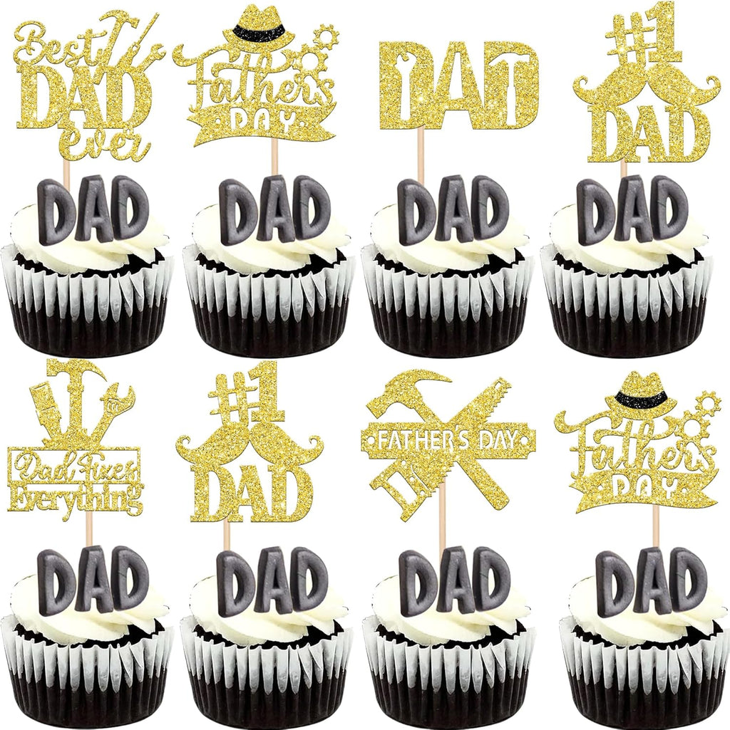24 Pack Happy Father's Day Cupcake Toppers Glitter Best Dad Ever Cupcake Picks Love Father #1 Dad Tie Moustache Hat Tool Cake Decorations for Happy Father's day Theme Men Birthday Party Supplies Gold