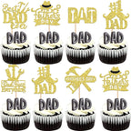 24 Pack Happy Father's Day Cupcake Toppers Glitter Best Dad Ever Cupcake Picks Love Father #1 Dad Tie Moustache Hat Tool Cake Decorations for Happy Father's day Theme Men Birthday Party Supplies Gold