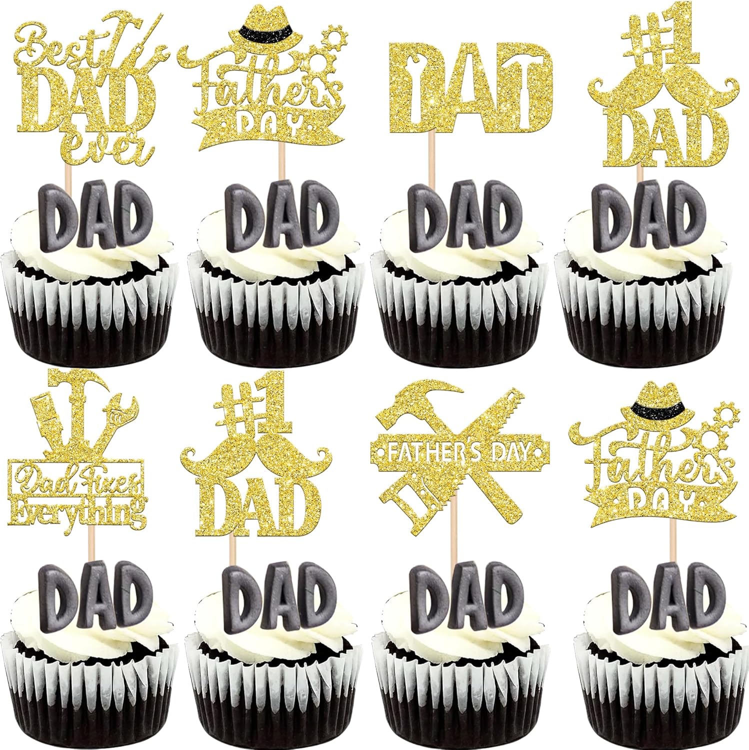 24 Pack Happy Father's Day Cupcake Toppers Glitter Best Dad Ever Cupcake Picks Love Father #1 Dad Tie Moustache Hat Tool Cake Decorations for Happy Father's day Theme Men Birthday Party Supplies Gold