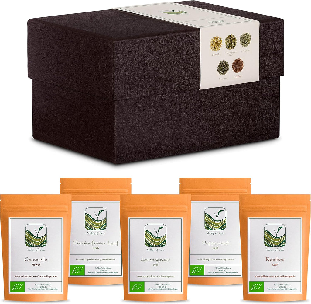 Herbal Tea Gift Box Tealover - Loose tea for true tea lovers - Gourmet specialty - Infusion Selection Basket - Camomile 20g Passion Flower 30g Peppermint 10g Lemon Grass 20g Rooibos 30g