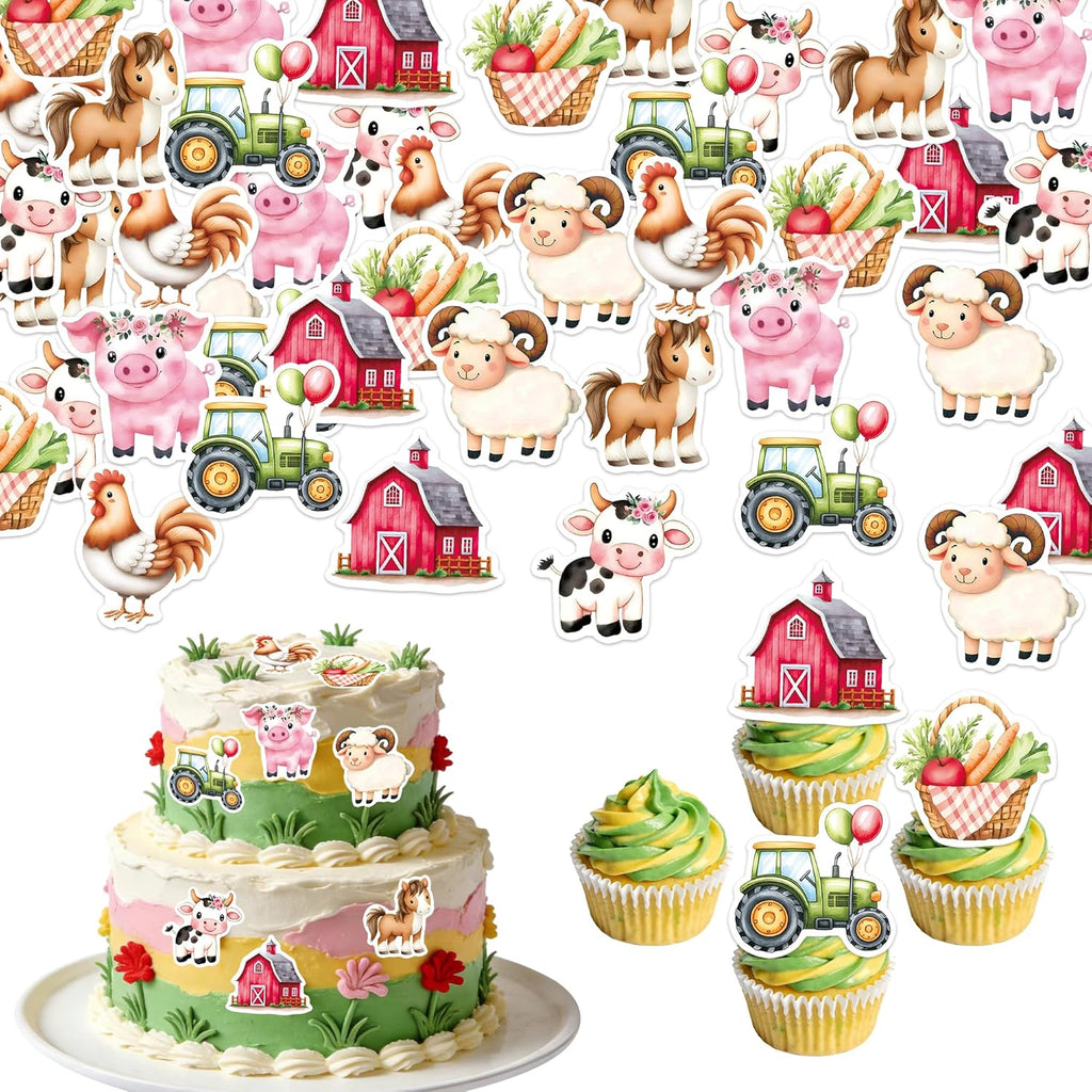 72 PCS Edible Farm Cupcake Toppers Farm Animal Decorations Party Cake Food Picks Barnyard Party Decorations for Farm Themed Baby Shower Kids Tractor Birthday Party Supplies Farm Party Decorations