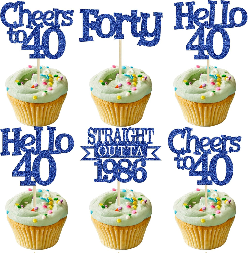 Ephlyn 24Pcs Happy 40th Birthday Cupcake Toppers Glitter Forty Straight Outta 1986 Cupcake Picks Hello 40 Cheers to 40 Years Birthday Cake Decorations for 40th Birthday Anniversary Party Supplies Blue