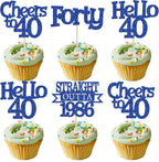 Ephlyn 24Pcs Happy 40th Birthday Cupcake Toppers Glitter Forty Straight Outta 1986 Cupcake Picks Hello 40 Cheers to 40 Years Birthday Cake Decorations for 40th Birthday Anniversary Party Supplies Blue