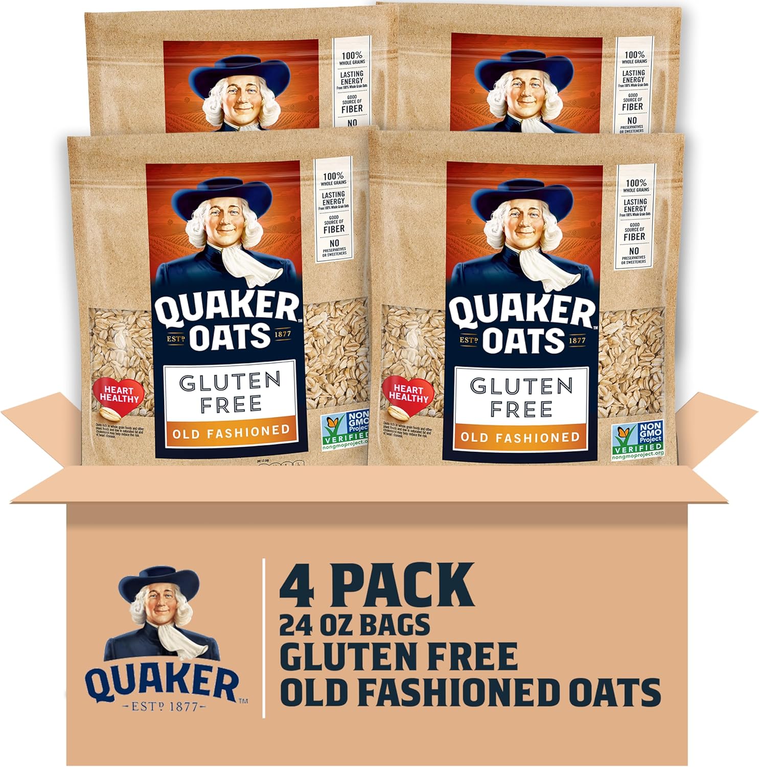 Quaker Gluten Free Old Fashioned Rolled Oats, Non GMO Project Verified, 24oz Resealable Bags (Pack of 4)