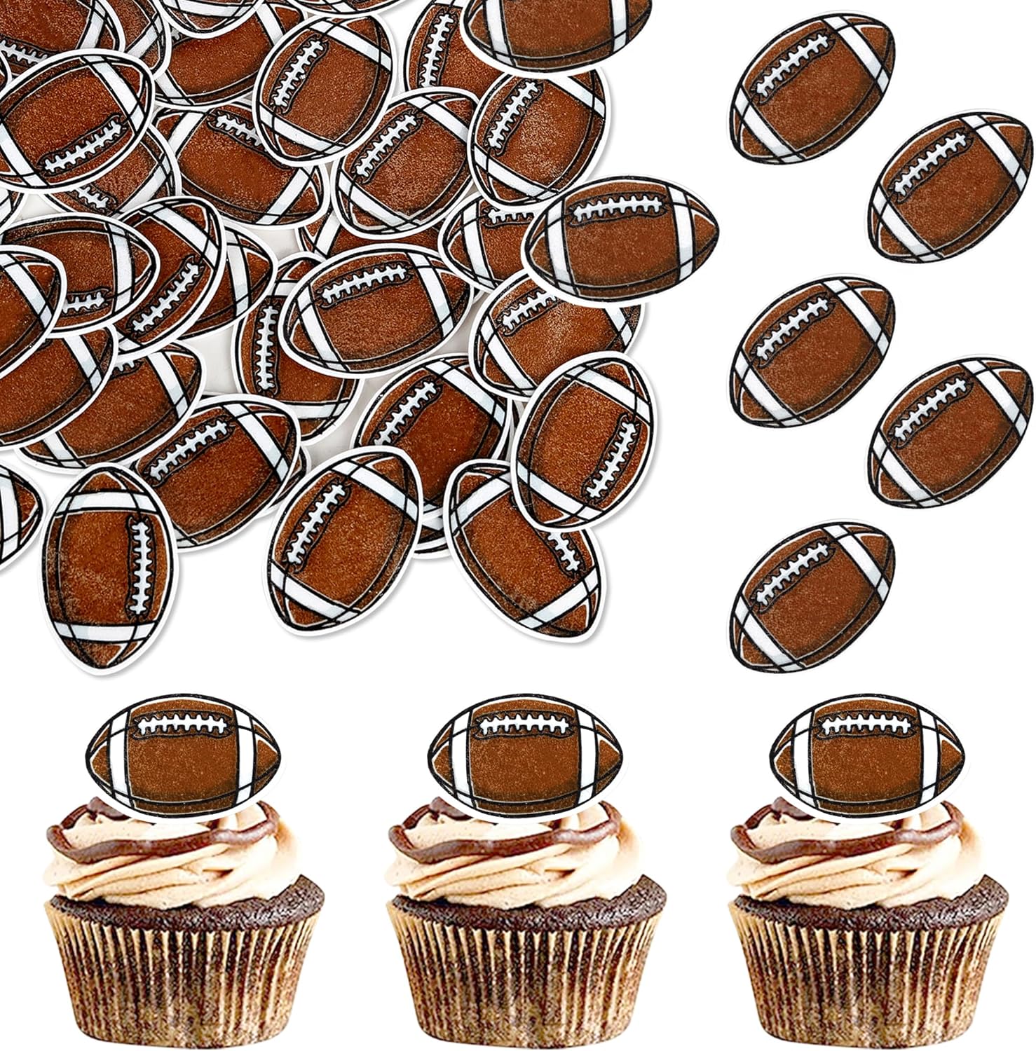48 Pack Edible American Football Cupcake Toppers Edible Rugby Cupcake Decoratons Sport Ball Cupcake Picks for Football Themed Baby Shower Birthday Party Cake Decorations