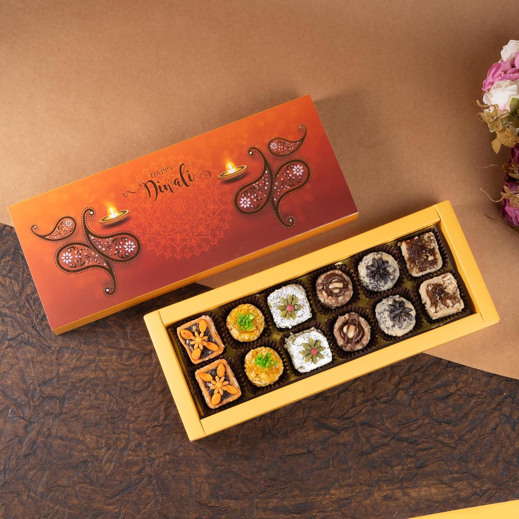 Ghasitaram Gifts Jaiccha Diwali Gift - Happy Diwali Box of Assorted Dry Fruit Sweets 12 pcs|Sweets|Sweets Gift Pack|Diwali Sweets|Indian Mithai|Diwali Sweets Gift Box|Sweets Gift Box