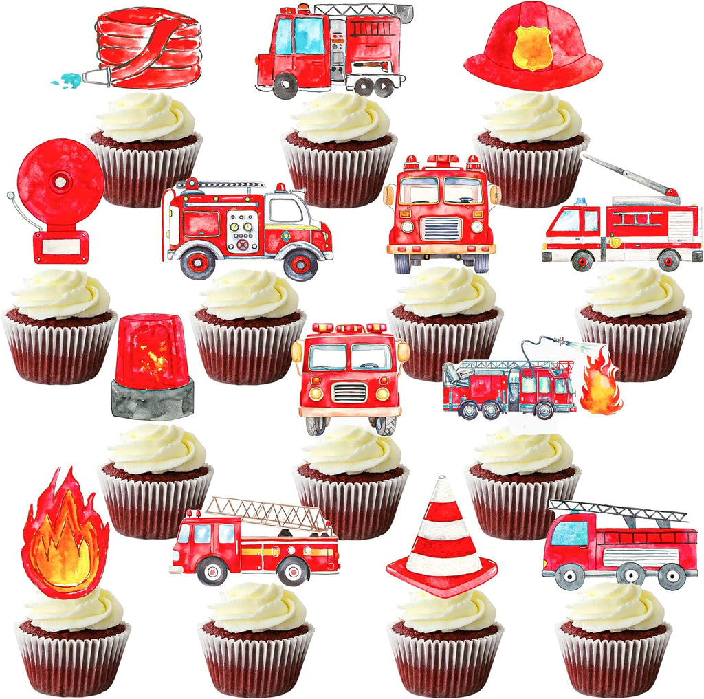 48Pcs Firefighter Theme Cupcake Toppers Fire Truck and Emergency Equipment Design Cupcake Toppers for Firetruck Firefighter Theme Birthday Party Fireman Baby Shower Supplies