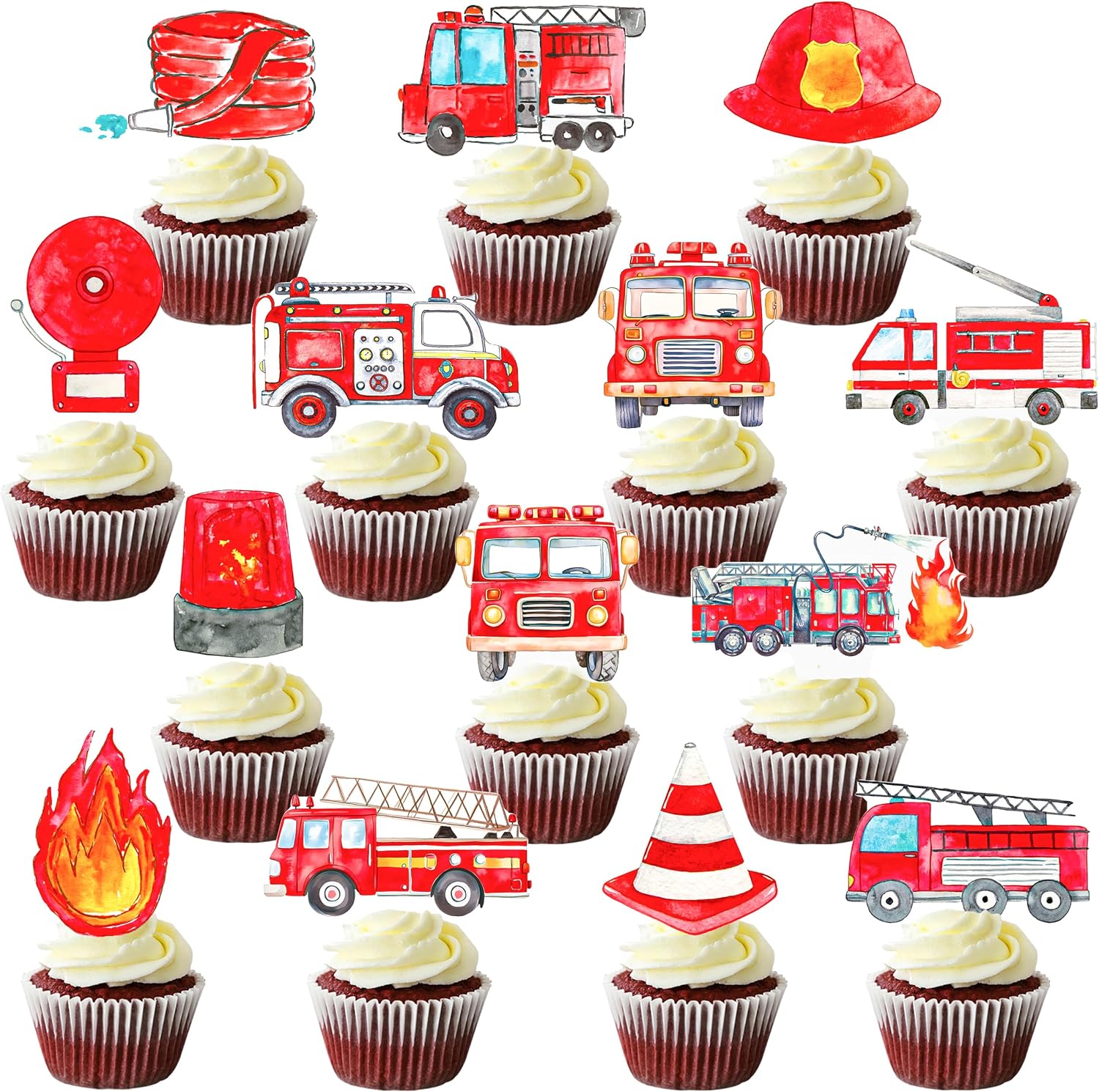 48Pcs Firefighter Theme Cupcake Toppers Fire Truck and Emergency Equipment Design Cupcake Toppers for Firetruck Firefighter Theme Birthday Party Fireman Baby Shower Supplies