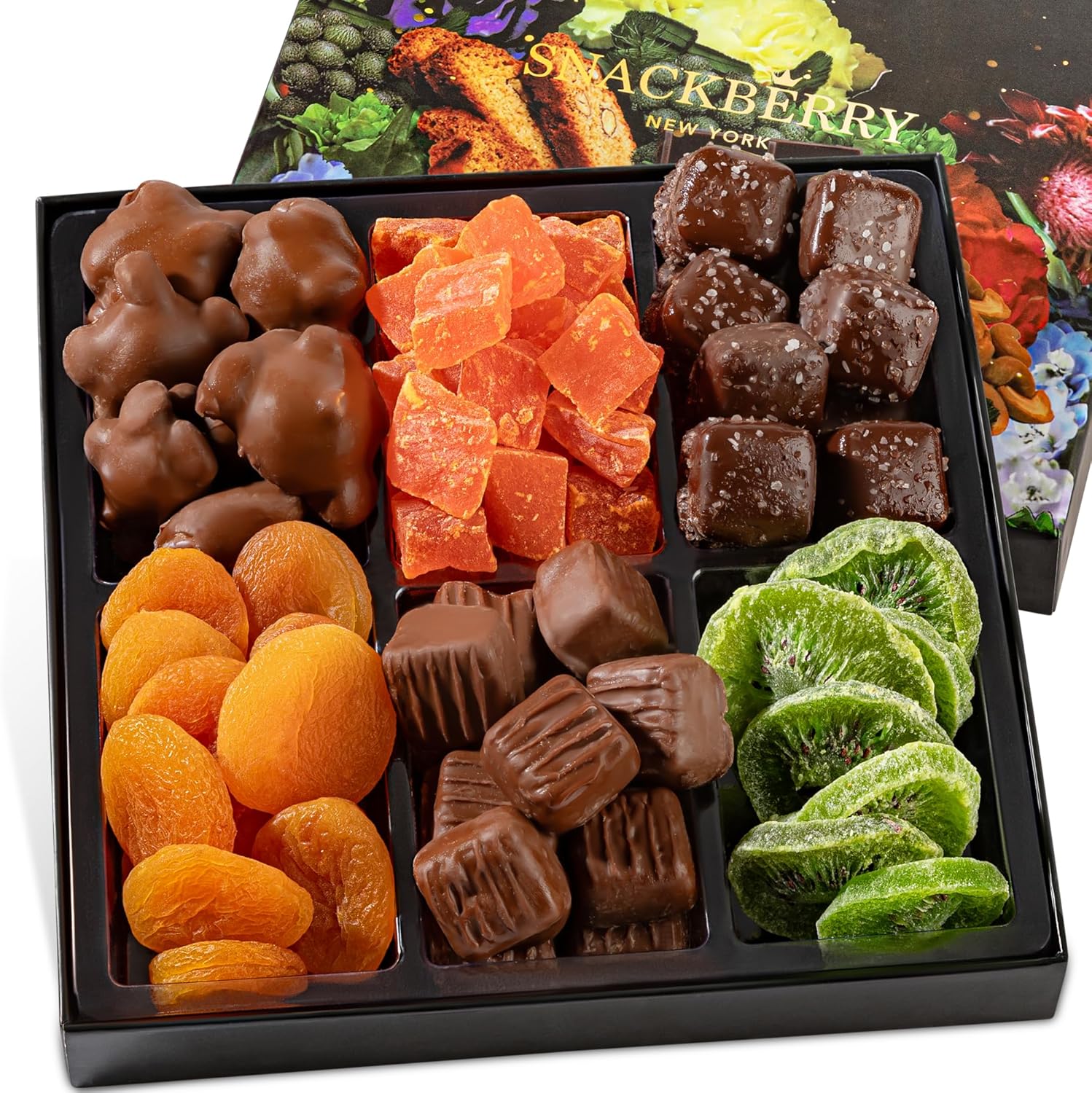 Premium Fruit & Chocolate Gift Box – Assortment with Chocolate Pecans, Dried Apricots, Kiwi Slices, Papaya, Sea Salt Caramels & Milk Chocolate Caramels – Perfect for Gifting