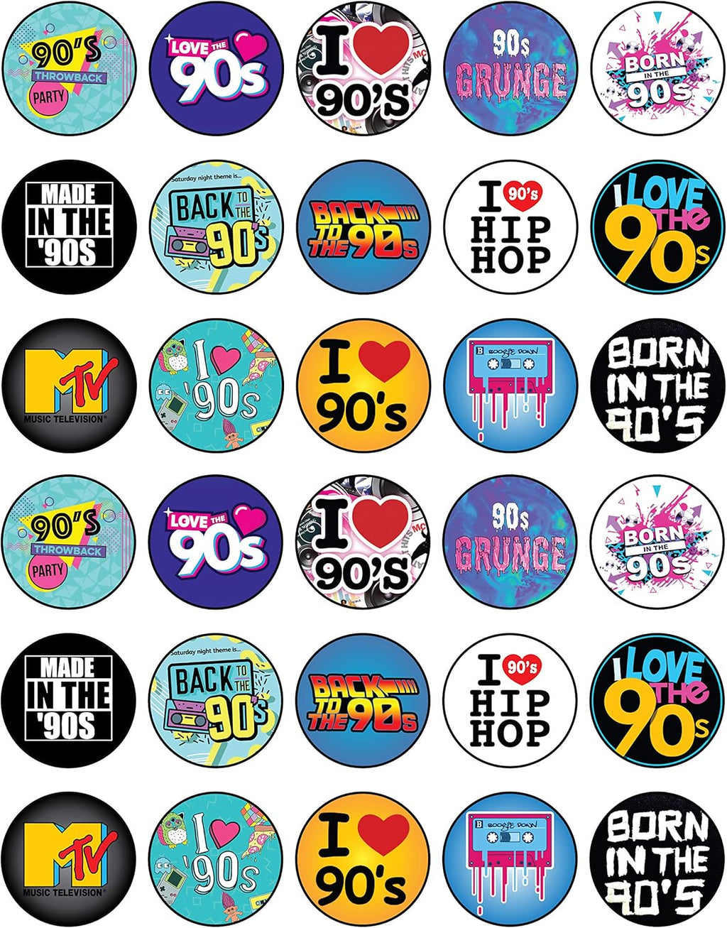 30 x Edible Cupcake Toppers Themed of 90s Party Collection of Edible Cake Decorations | Uncut Edible on Wafer Sheet