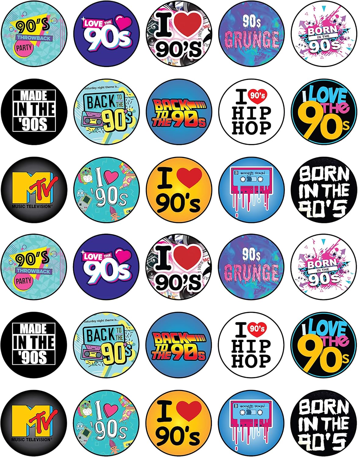 30 x Edible Cupcake Toppers Themed of 90s Party Collection of Edible Cake Decorations | Uncut Edible on Wafer Sheet