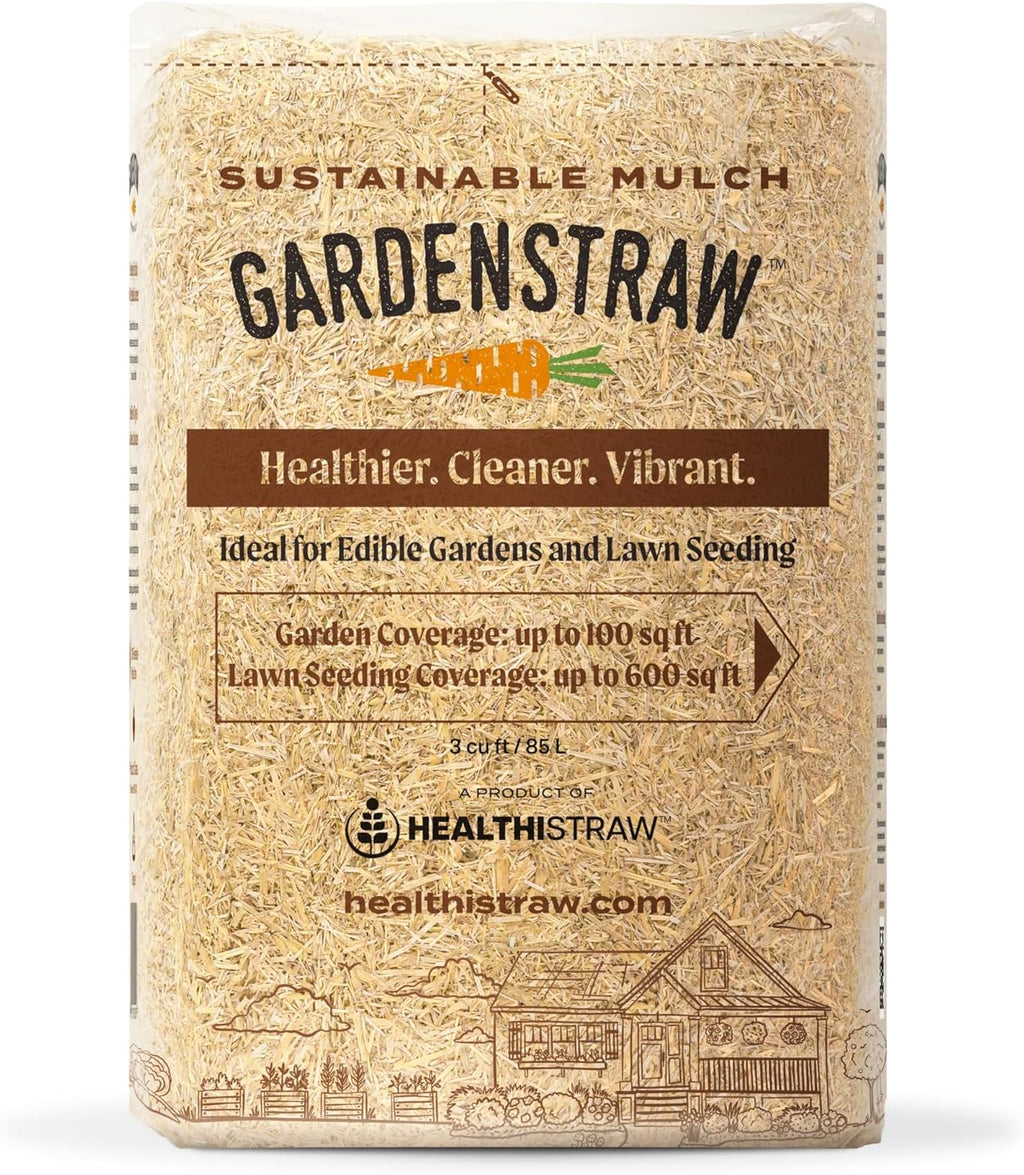 GardenStraw, 3 cu ft (20 lbs) All-Natural Mulch for Gardens, Vegetables & Lawn Seeding – Water-Conserving Wheat Straw – Thoroughly Cleaned, Sustainable