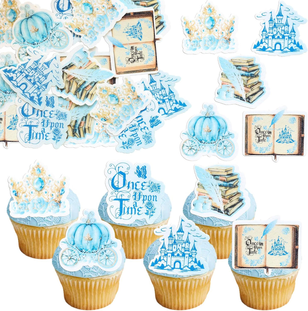 Ephlyn 54Pcs Edible Once Upon A Time Birthday Cupcake Toppers Wafer Paper Fairytale Book Party Castle Opening Magic Book Cupcake Picks for Princess Party Cake Decoration Supplies Blue