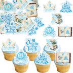 Ephlyn 54Pcs Edible Once Upon A Time Birthday Cupcake Toppers Wafer Paper Fairytale Book Party Castle Opening Magic Book Cupcake Picks for Princess Party Cake Decoration Supplies Blue