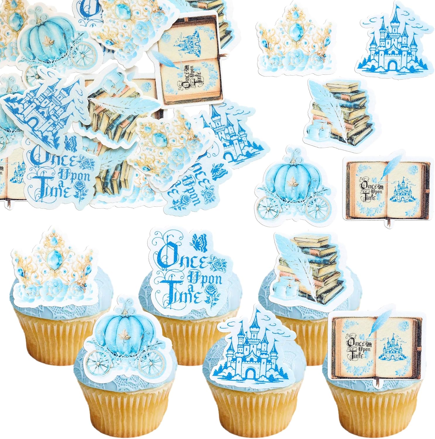 Ephlyn 54Pcs Edible Once Upon A Time Birthday Cupcake Toppers Wafer Paper Fairytale Book Party Castle Opening Magic Book Cupcake Picks for Princess Party Cake Decoration Supplies Blue