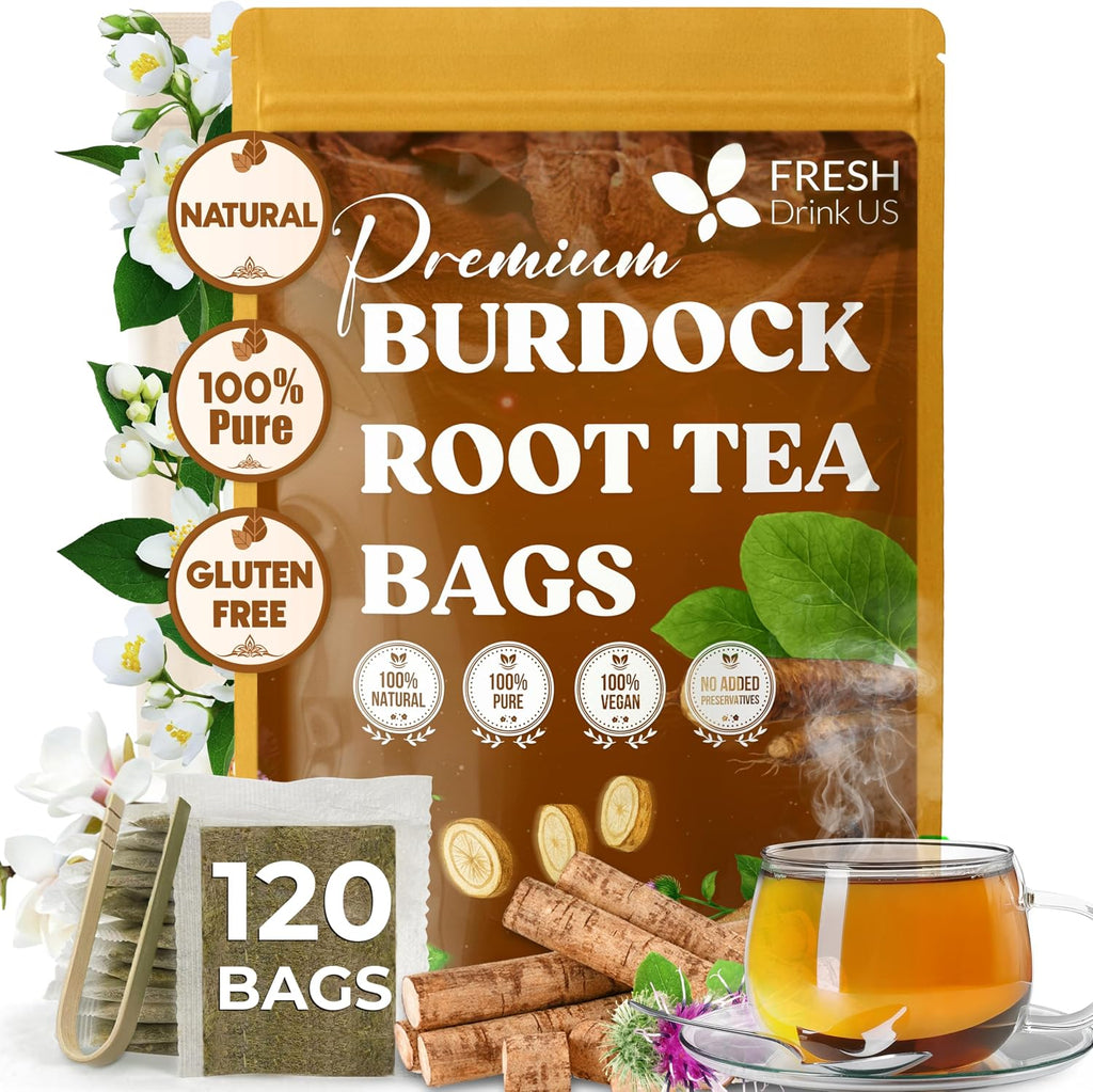 FreshDrinkUS, Premium 120 Burdock Root Tea Bags, 100% Natural & Pure, Herbal Tea. Made with Natural Material Tea Bags. No Sugar, No Caffeine, No Gluten, Vegan.