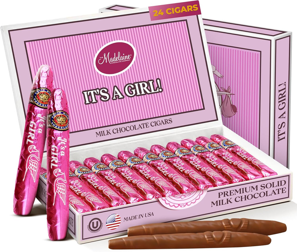 Madelaine Solid Premium Milk Chocolate Cigar Candy – It’s a Girl Baby Shower Party Favors for Girl, Individually Wrapped Chocolate Cigars, Elegant Gift Box – 24 Count