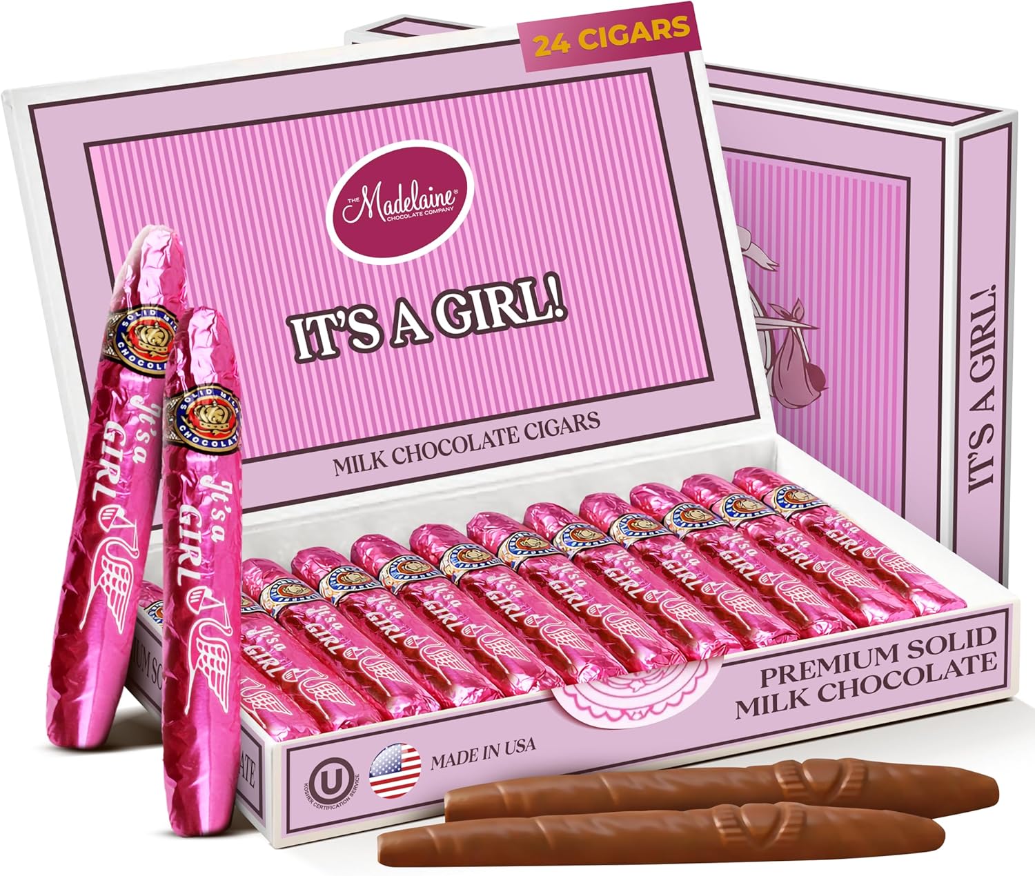 Madelaine Solid Premium Milk Chocolate Cigar Candy – It’s a Girl Baby Shower Party Favors for Girl, Individually Wrapped Chocolate Cigars, Elegant Gift Box – 24 Count