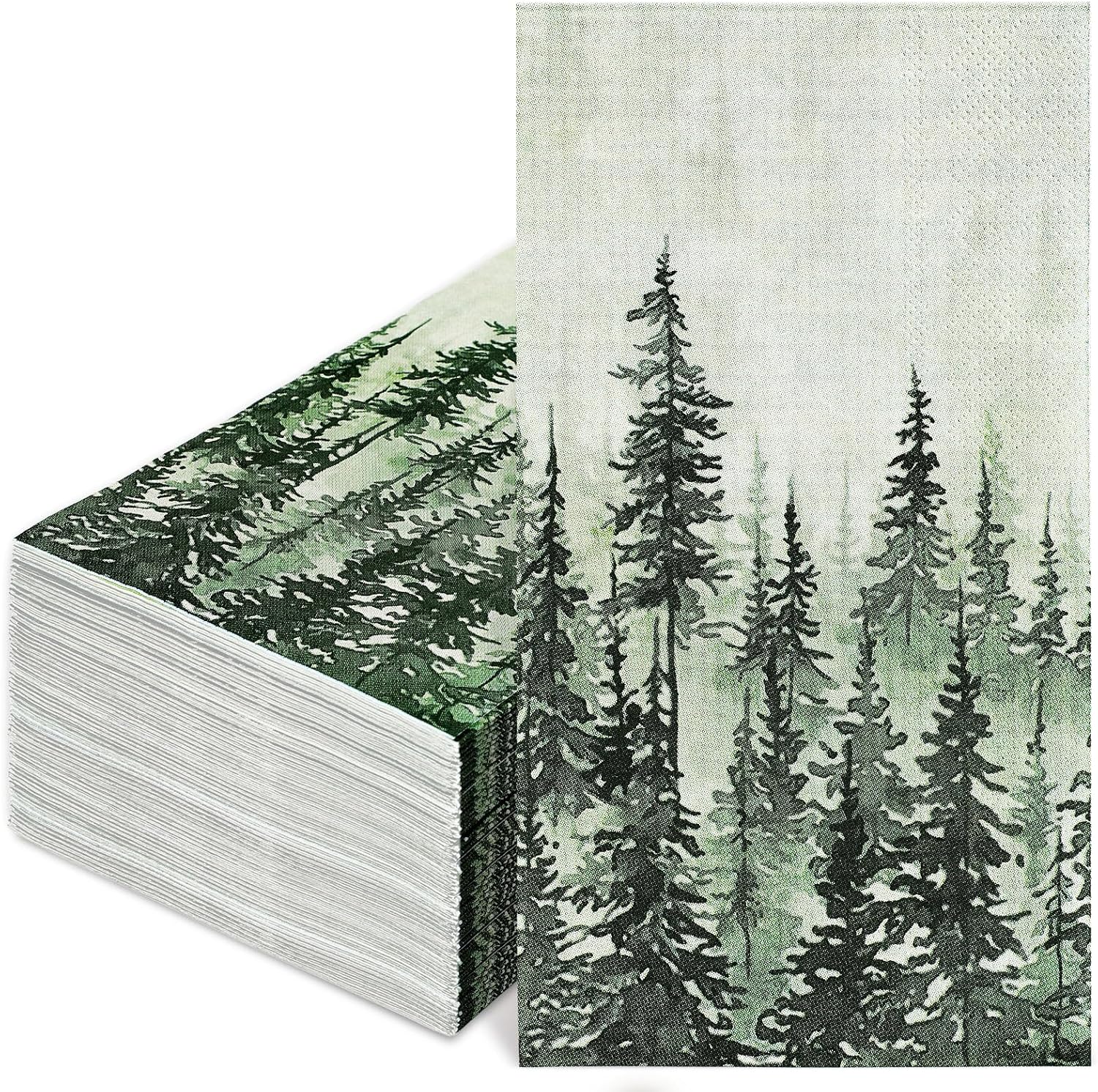 JarThenaAMCS 50Pcs Green Misty Forest Guest Napkins Woodland Paper Napkin Disposable Pine Tree Dinner Hand Towel Napkin for Bathroom Party Table Supplies