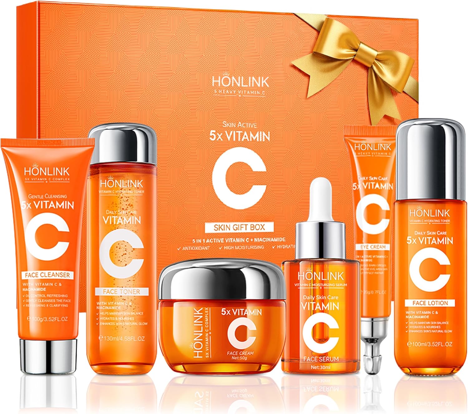 6-Piece Hydrating Skincare Set with Vitamin C & Niacinamide, Face Care Kit Includes Toner, Serum, Cleanser, Moisturizer, Eye Cream & Body Lotion | Valentine’s Day Gift for Women