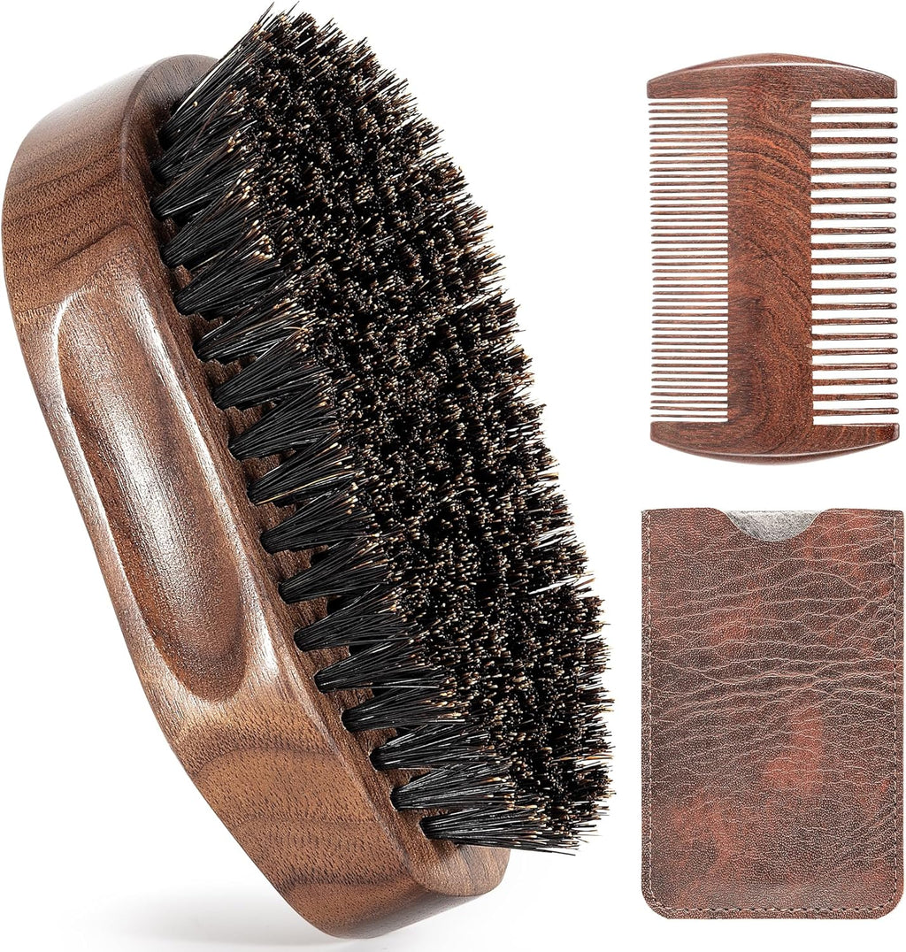 3PCS Beard Brush Comb Set for Men, Black Walnut Wood Dual Beard Comb & Case, Men's Natural Wooden Mustache Brush Kit - Medium Hardness