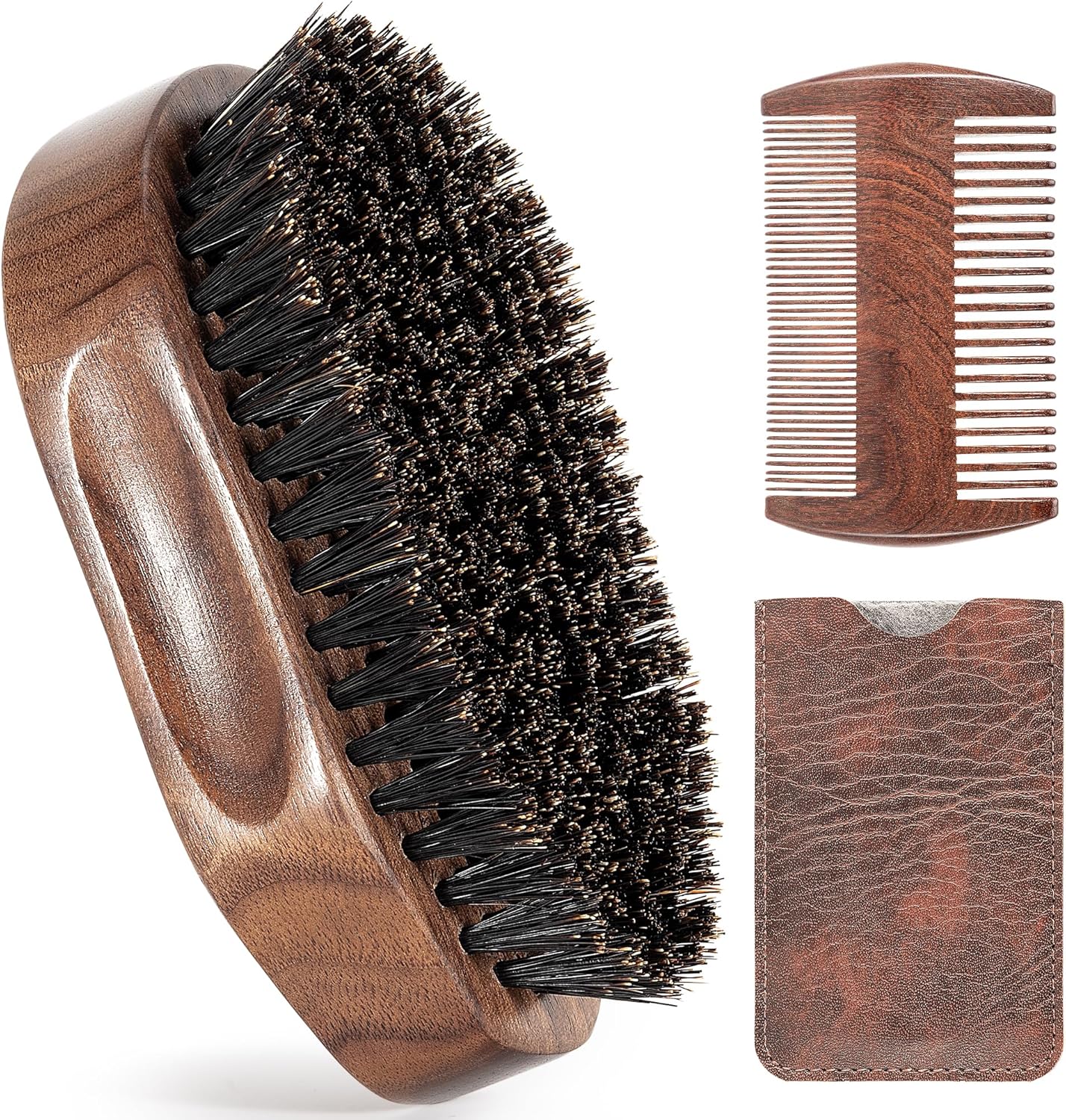 3PCS Beard Brush Comb Set for Men, Black Walnut Wood Dual Beard Comb & Case, Men's Natural Wooden Mustache Brush Kit - Medium Hardness
